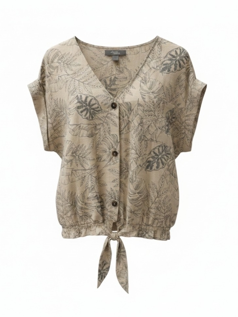 V-Neck Tie-Hem Women's Blouse in Beige Botanical Print